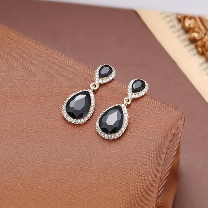 EVER FAITH Women's Austrian Crystal Wedding Tear Drop Dangle Earrings | Bridal Prom Jewelry for Bride Bridesmaid - color: Black Gold-Plated-Base