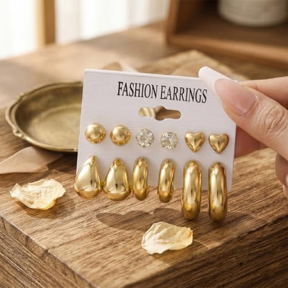 12-24pcs Handmade Crystal Heart CZ Earrings Pack Chunky Gold Earrings for Women Drop Stainless Steel Earrings Set - color: VC003/Drop12p/Gold