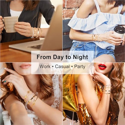 YOUNGGRACE 18K Gold Plated Womens Stackable Bracelets Set 4 Pcs – Love Bangle, Nail Bracelet, Clover & CZ Tennis Bracelet, Non Tarnish Hypoallergenic Stainless Steel Gold Layered Jewelry Gift for Her - color: Gold Floral