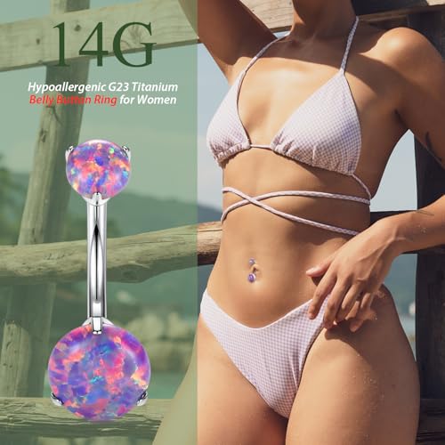 FUNLMO 14G Belly Button Ring Titanium Belly Button Piercing Belly Ring Internally Threaded Navel Piercing Jewelry - color: Silver-Purple Opal