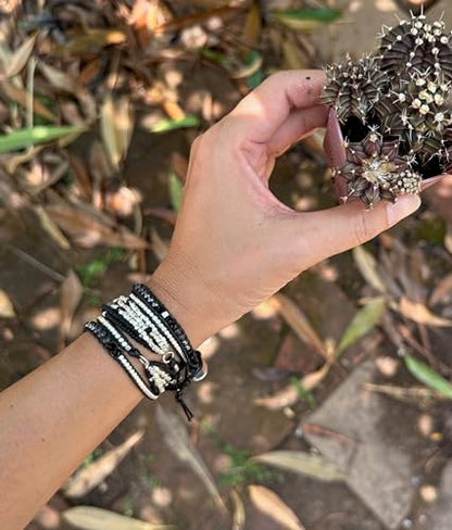 Bracelet for Women – Handmade Vegan Boho Natural Stone Layered Bracelet, Thailand Bohemian Stackable Beaded Wrap Bracelets, Summer Hippie Bracelet Stack, Fashion Jewelry Gifts - color: A33-Black Silver