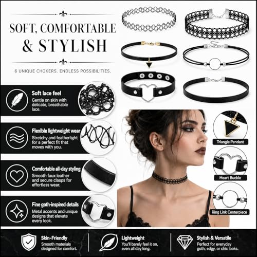 6 Styles Gothic Lace Choker Necklaces Set for Women, Black Lace Tattoo Chokers Necklace Punk Goth Jewelry, Adjustable 90s Vintage Emo Velvet Grunge Chokers Accessories Collection