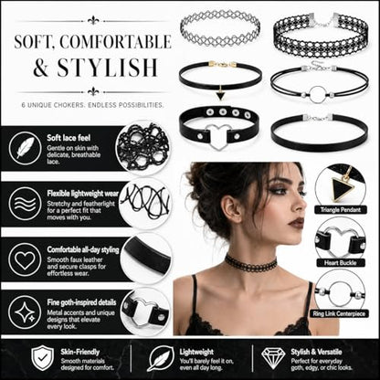 6 Styles Gothic Lace Choker Necklaces Set for Women, Black Lace Tattoo Chokers Necklace Punk Goth Jewelry, Adjustable 90s Vintage Emo Velvet Grunge Chokers Accessories Collection