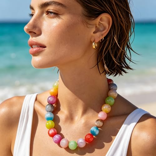 Beaded Necklace for Women Boho Chunky Large Round Beaded Statement Choker Trendy Adjustable Resin Necklaces Summer Beach Jewelry Gifts - color: Colorful
