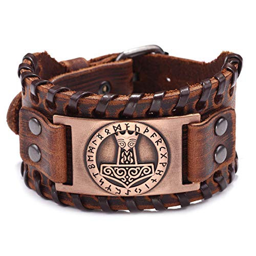 GelConnie Viking Bracelet Punk Leather Cuff Bracelet Gothic Leather Wristband Bracelet with Nordic Amulet Scandinavian Talisman Celtic Pagan Jewelry - color: Brown Mjolnir
