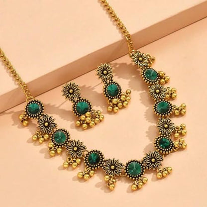 Frodete Indian Jewelry Sets for Women Traditional Bohemian Wedding Jewelry Set Indian Dresses for Women Oxidized Ethnic Party Prom Wear - color: A2:green indian necklace earring sets