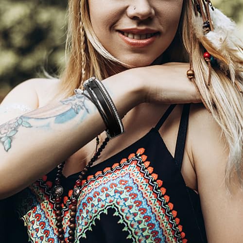 Sanfenly Leather Wrap Bracelets for Women,Boho Wrap Bracelets Leather Cuff Bangle Beads Bracelets Stackable Western Bracelets Jewelry for Women (Gold/Black/Gray/Turquoise) - color: Black Leather