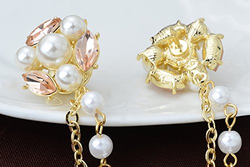 Champagne Tone Crystal Pearl Daisy Flower Brooches Pins with Pearl Chain Tassel Sweater Guard Clip Pin