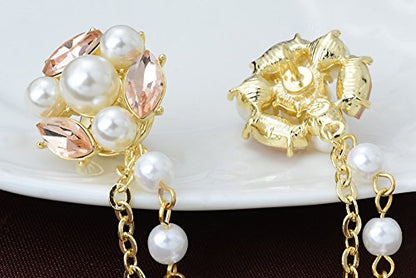 Champagne Tone Crystal Pearl Daisy Flower Brooches Pins with Pearl Chain Tassel Sweater Guard Clip Pin