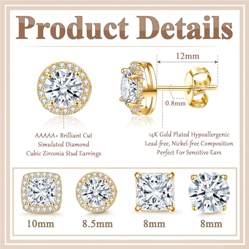 Cubic Zirconia Stud Earrings for Women Men 14K Gold-Plated Halo Stud Earrings Hypoallergenic Earrings CZ Halo Stud Earrings for Sensitive Ears - style: B-GOLDEN