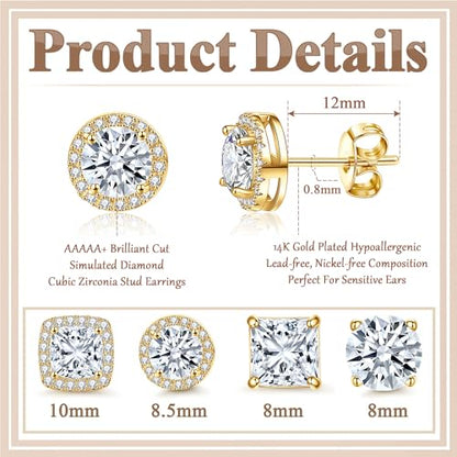Cubic Zirconia Stud Earrings for Women Men 14K Gold-Plated Halo Stud Earrings Hypoallergenic Earrings CZ Halo Stud Earrings for Sensitive Ears - style: B-GOLDEN