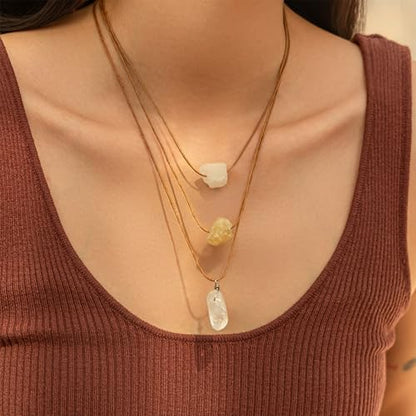 Crystal Holder Necklace for Women Natural Gemstone Crystal Pendant Necklace Handmade Boho Sun Necklace Summer Beach Jewelry Accessories - color: Yellow