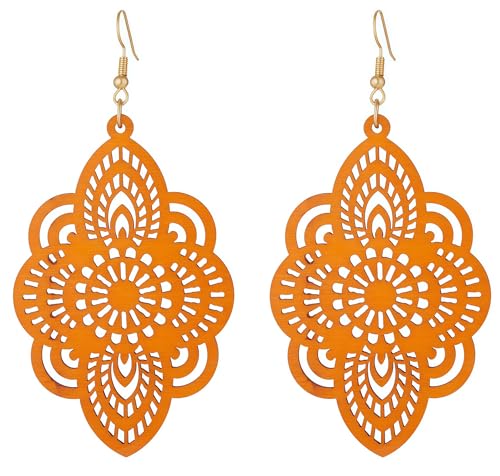 Boho Black Filigree Dangle Earrings for Women, Lightweight Hollow Lace Drop, Wood, 3.34" x 1.69", Bohemian Jewelry - color: Orange