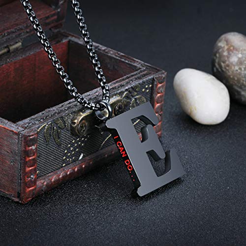 Initial 26 Letter A to Z Pendant Necklace for Teen Women Men 24" Chain | Large Alphabet Letter Personalized Charm Pendant,Engraving Red 'I CAN DO ...' on Back - style: E