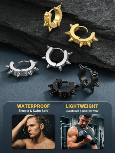 PROSTEEL Stainless Steel Huggie Hoop Earrings for Mens Gold/Black/Silver | Skull/Infinity Pattern, Spike/Cuban Links 4 Design Options Hypoallergenic Lightweight Earring Hip Hop Punk Gothic Jewelry - style: Spike Hoop-Gold