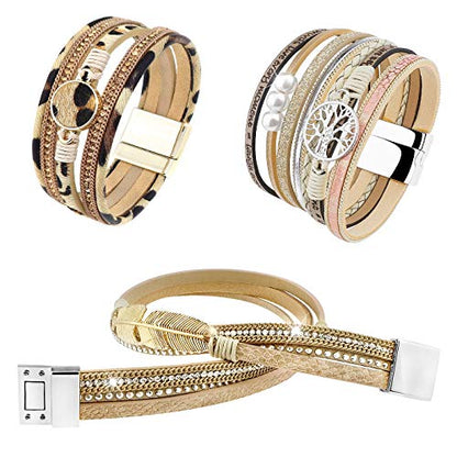 Wowanoo 3Pack Leather Cuff Bracelet Set Multilayer Wrap Bracelet Crystal Feather Tree Bracelet Magnetic Clasp Bracelet for Women - color: Leaf Tree