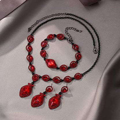 EVER FAITH Bridal Wedding Crystal Marquise Teardrop Pendant Necklace Earrings Bracelet Set for Prom - color: Red Black-Tone