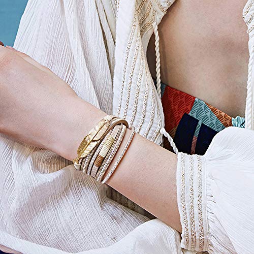Wowanoo 3Pack Leather Cuff Bracelet Set Multilayer Wrap Bracelet Crystal Feather Tree Bracelet Magnetic Clasp Bracelet for Women - color: Leaf Tree