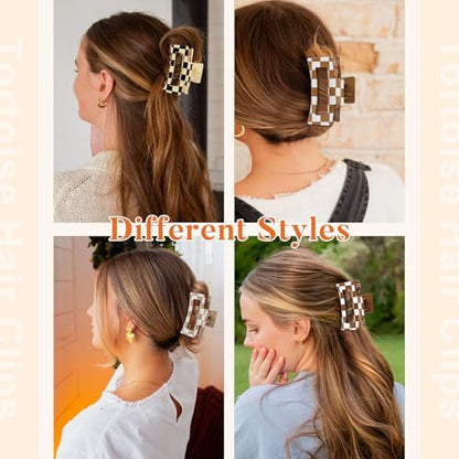 Auseibeely 6 Pcs Checkered Hair Clips for Women, 3.35 Inch Medium Square Claw Clips for Thin Hair, Cute Y2K Checkerboard Hair Accessories, Non-Slip Neutral Tone Banana Jaw Clip, Black White Brown - color: Checkered-3.35 Inch