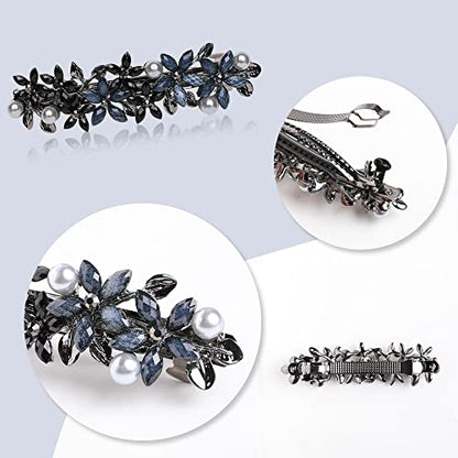 Flower Rhinestone Hair Barrettes for Women Fine Hair Glitter Sparkle Fancy Hair Clips for Women And Girls Elegant Pearl Barrettes (Black&Blue) - color: Black&Blue