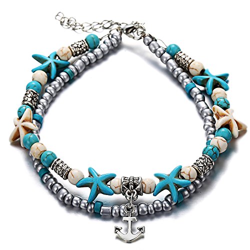 Softones Blue Starfish Turtle Anklet Multilayer Charm Beads Sea Handmade Boho Anklet Foot Jewelry for Women - style: O:Boat Anchor