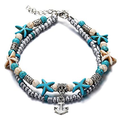 Softones Blue Starfish Turtle Anklet Multilayer Charm Beads Sea Handmade Boho Anklet Foot Jewelry for Women - style: O:Boat Anchor
