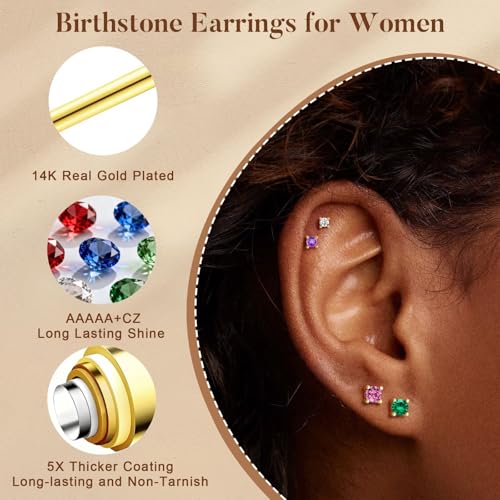 M MOOHAM Birthstone Stud Earrings, Hypoallergenic Dainty 14K Gold-Plated Stud Earrings Cubic Zirconia Cartilage Earring for Women Jewelry Gifts - color: 14K Gold Plated-09-September-Sapphire Royal Blue