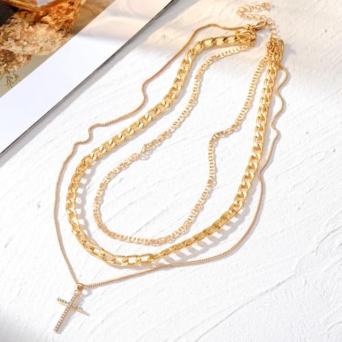 Necklace 14K Gold Plated Three-Layer Sparkling Cross Pendant Elegant Timeless Design Lobster Clasp Adjustable Extender - style: 14K Gold 3-Layered Cross with Diamond