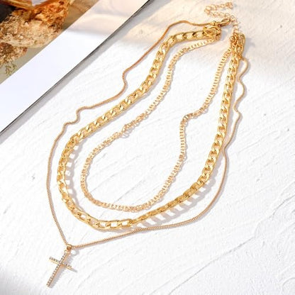Necklace 14K Gold Plated Three-Layer Sparkling Cross Pendant Elegant Timeless Design Lobster Clasp Adjustable Extender - style: 14K Gold 3-Layered Cross with Diamond