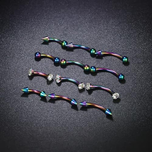Rook Daith Piercing Jewelry 16G Stainless Surgical Steel Curved Barbell Eyebrow Rings Vertical Labret Lip Piercing Jewelry Rook Daith Earrings for Women Men 6MM 8MM 10MM Hypoallergenic - color: Rainbow-6MM 8MM 10MM