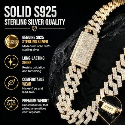 10mm Moissanite Cuban Link Chain, S925 Silver Hip Hop Necklace for Men | GRA D-VVS1 moissanite. Solid S925 silver, 16-24" silver/gold. 10mm double-row pavé. Reinforced prongs & clasp. Gift box.