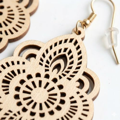 Boho Black Filigree Dangle Earrings for Women, Lightweight Hollow Lace Drop, Wood, 3.34" x 1.69", Bohemian Jewelry - color: Beige