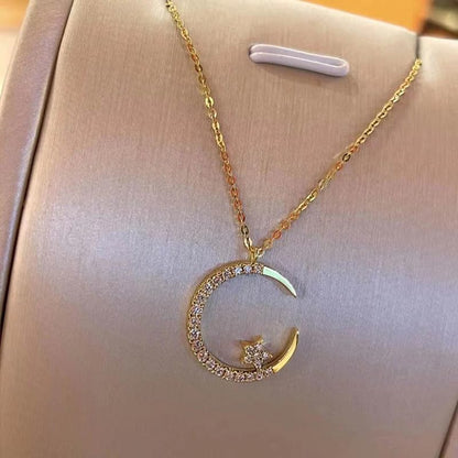 1 Pc, Gold Tone Beaded Chain, CZ Moon & Star Pendant Necklace, Minimalist Dainty Style, Trendy Outfit Matching (Gold)