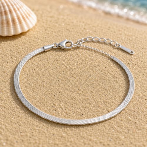MYAROMA FINDINGS Stainless Steel Anklet for Women, Flat Snake Chain Ankle Bracelet, Gold and Silver Tone Options, PVD Waterproof Non Tarnish Ankle Bracelet
