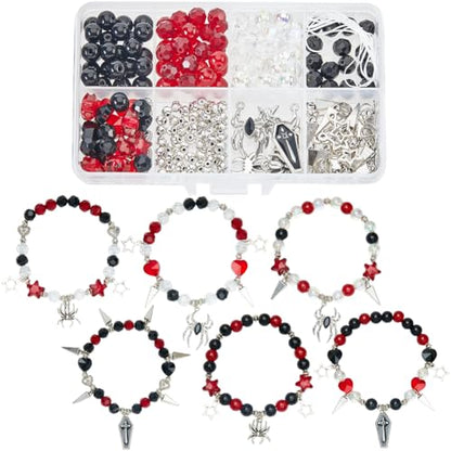 SUNNYCLUE 1 Box 6 Sets Halloween Bracelets Kit Coffin Spider Charms Gothic Charm Round Heart Star Bead Black Red Glass Spacer Beads for Jewelry Making Kits Women Adults DIY Bracelets Craft Gifts