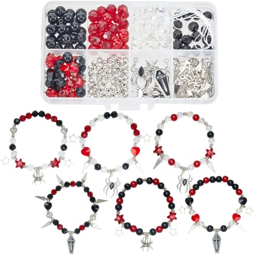 SUNNYCLUE 1 Box 6 Sets Halloween Bracelets Kit Coffin Spider Charms Gothic Charm Round Heart Star Bead Black Red Glass Spacer Beads for Jewelry Making Kits Women Adults DIY Bracelets Craft Gifts