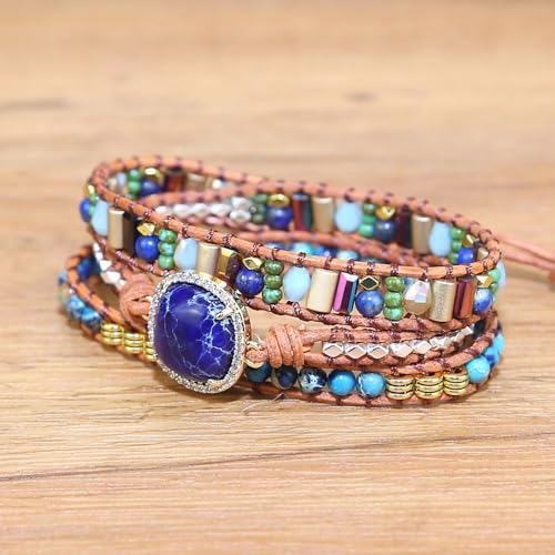 Women Wrap Bracelets Boho Natural Stone Jasper Turquoises Strand Bracelet Jewelry Collection - color: Navy
