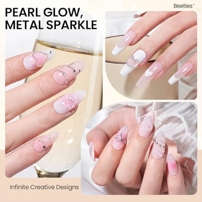 Beetles 3D Nail Charms Gold Silver Nail Beads and White Pearl with 15g | Rhinestone Glue Tweezers Pick-up Pencil for Nails Art Metallic Round Caviar Beads White Flatback Pearls Manicure Accessories - color: 3D Nail Charms-Pearls