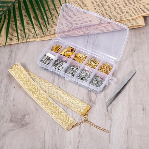 373 Pcs Ribbon Bracelet Kit for Jewelry Making, Ribbon End Crimps, Ribbons Ends Crimps Open Jump Rings Lobster Clasps and Chain Extenders, Bookmark Pinch, Choker Necklace