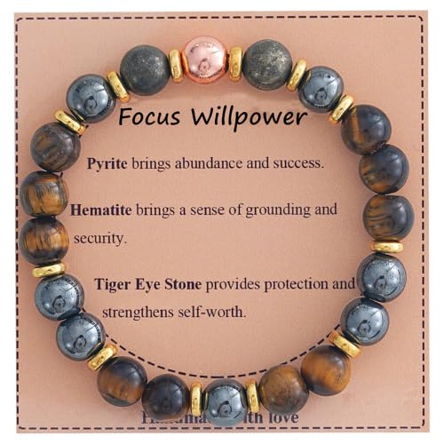 KSQS Healing Stone Bead Bracelet for Women, Natural Gemstones Balance Protection Bracelet, Spiritual Crystal Beads Bracelet Anxiety Relief with Meaning Card - color: Focus Willpower