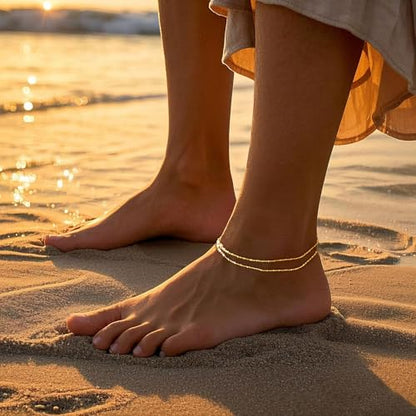 Dainty Gold Ankle Bracelets for Women Waterproof | Non Tarnish 14K Gold Plated Beaded Anklets, Layered Summer Beach Jewelry Gifts, Bikini Outfits for Vacation