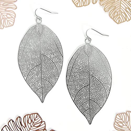Leaf Earrings for Women - Gold or Silver Tone Filigree Dangle Earrings | Plated in Gold Tone or Silver Tone - color: 3.5" inch - Large Silver