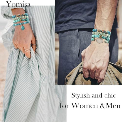 Yomisa 5PCS 6PCS Natural Boho Beaded Bracelets/Bangle for Women Men,Healing Turquoise Jasper Agate Crystal Gemstone Stone Chakra Multilayer Wrap Bohemian Handmade Jewelry Beads Stretch Bracelet Set - color: 5PCS-Turquoise