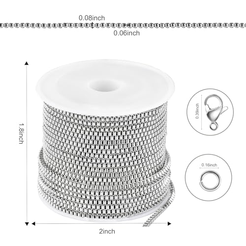 Kyutong 10M Silver Box Chain Links with Bulk Stainless Steel Necklace Chain | 32.8 Feet Silver Craft Chains with Lobster Clasps Pinch Clip Clasps for DIY Handcraft Jewelry Making - color: Silver-8