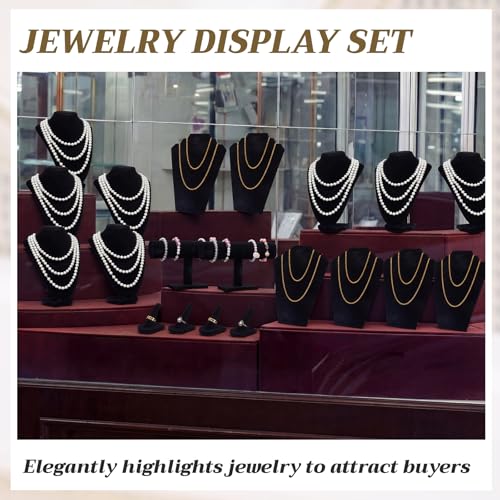 Leinuosen 5 Pcs Velvet Jewelry Display Set for V-shaped and Flat Necklace Bust Stand Ring Finger Holder T Shape Bracelet Stand