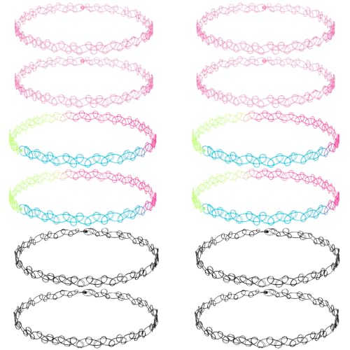 PAGOW Tattoo Choker Set, Stretchy 90s Choker Necklace, Adjustable Retro Y2K Gothic Grunge Chokers Jewelry Accessories - color: Black,Pink,Colorful,12 Pcs