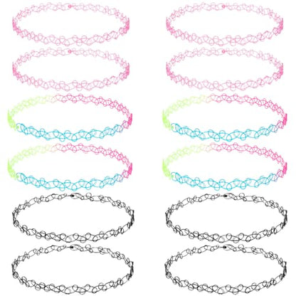 PAGOW Tattoo Choker Set, Stretchy 90s Choker Necklace, Adjustable Retro Y2K Gothic Grunge Chokers Jewelry Accessories - color: Black,Pink,Colorful,12 Pcs