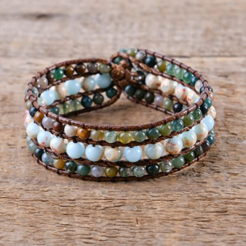 YGLINE Boho Handmade Natural Stone Bead 3 Row Wide Wrap Wrist Statment Bracelet Jewelry Collection - color: Serpentine stone