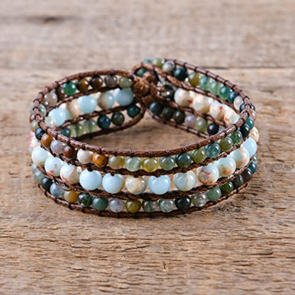 YGLINE Boho Handmade Natural Stone Bead 3 Row Wide Wrap Wrist Statment Bracelet Jewelry Collection - color: Serpentine stone