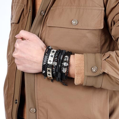 Braided Faux Leather Bracelet Punk Cuff Wrap Bracelets for Men Women Skull,Star,Bull bracelets - color: A2:5PCS